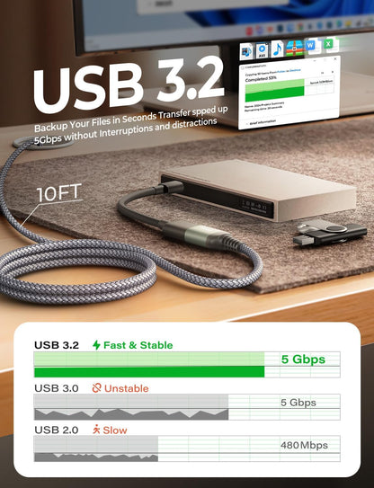 USB Extension Cable 10FT USB 3.0 Extender Male to Female Cord Grey